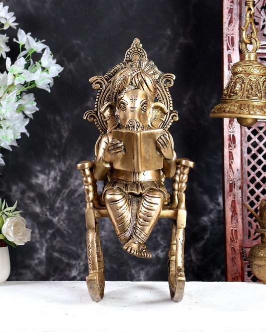 Brassaura® Brass Lord Ganesha Reading Book on Rocking Chair Idol | Handcrafted Premium Ganesh Statue for Home, Office & Study Décor | Height 17.5 Inches | Weight 12 Kgs