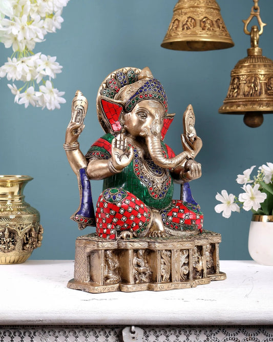 Brassaura® Brass Multicolour Lord Ganesha Statue | Height 12 Inches