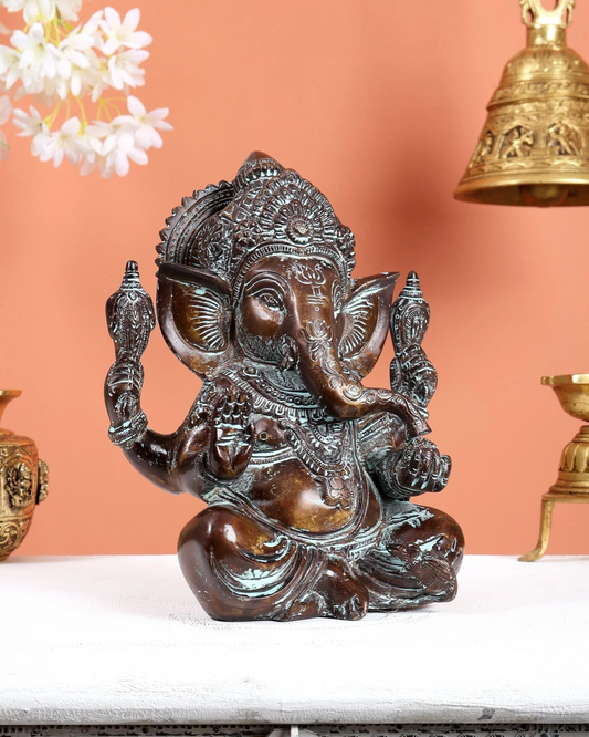 Brassaura® Seated Lord Ganesha Brass Sculpture | Heritage Dual-Tone Finish | Height 8.5 Inches & Weight 3.6 Kgs