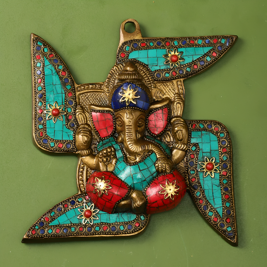 Brassaura™ Brass Ganesha Wall Hanging on Swastik | Height 7 Inches & Weight 1 Kg