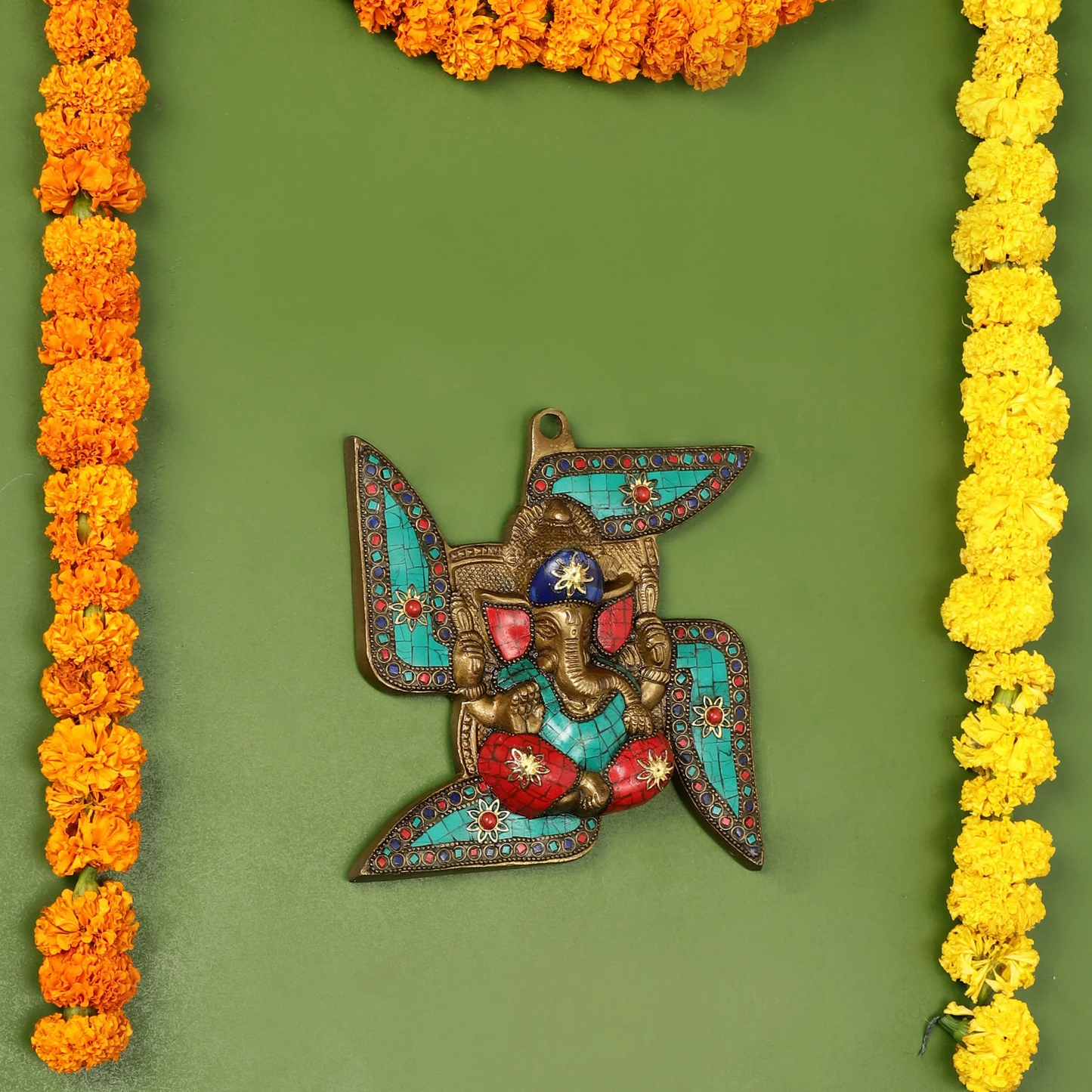 Brassaura™ Brass Ganesha Wall Hanging on Swastik | Height 7 Inches & Weight 1 Kg