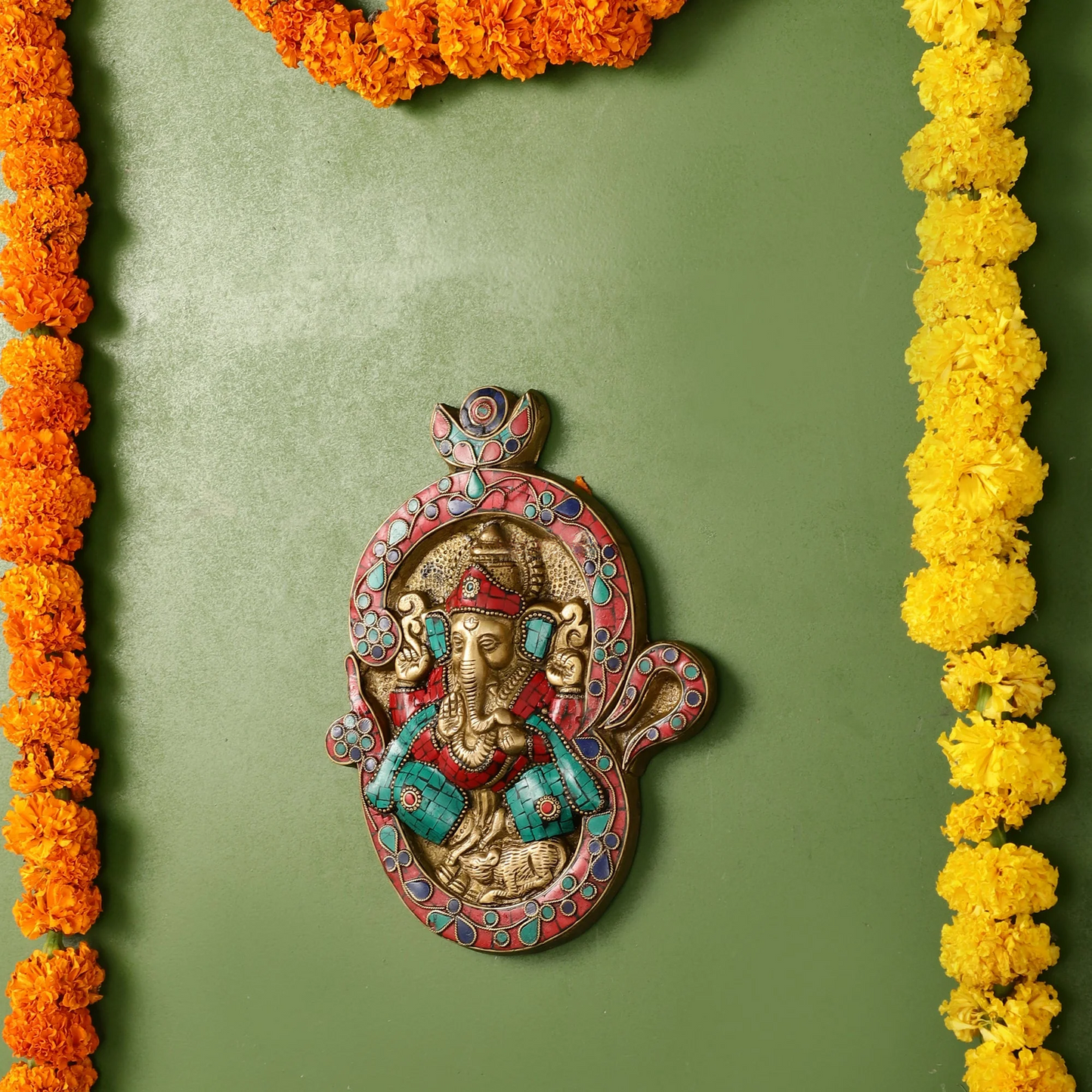 Brassaura™ Brass Ganesha Wall Hanging with Stonework | Height 9 Inches & Weight 1.36 Kgs