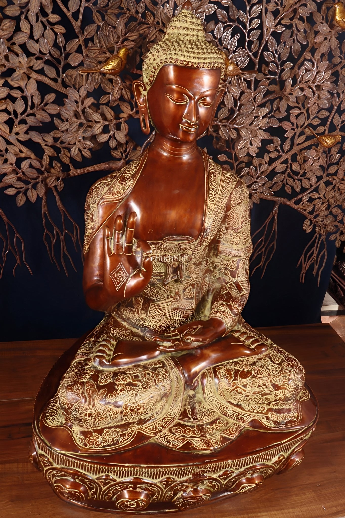 Brass Blessing Buddha Tree Statue Weight 67 kg & Height 43.5 Inch