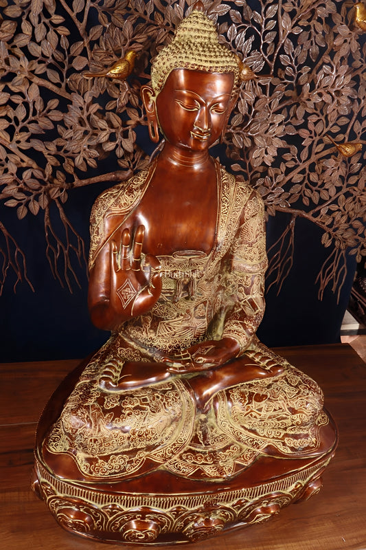 Brassaura™ Brass Buddha With Tree – Height 43.5 Inches & Weight 67 Kgs | Divine Brass Masterpiece Representing Enlightenment
