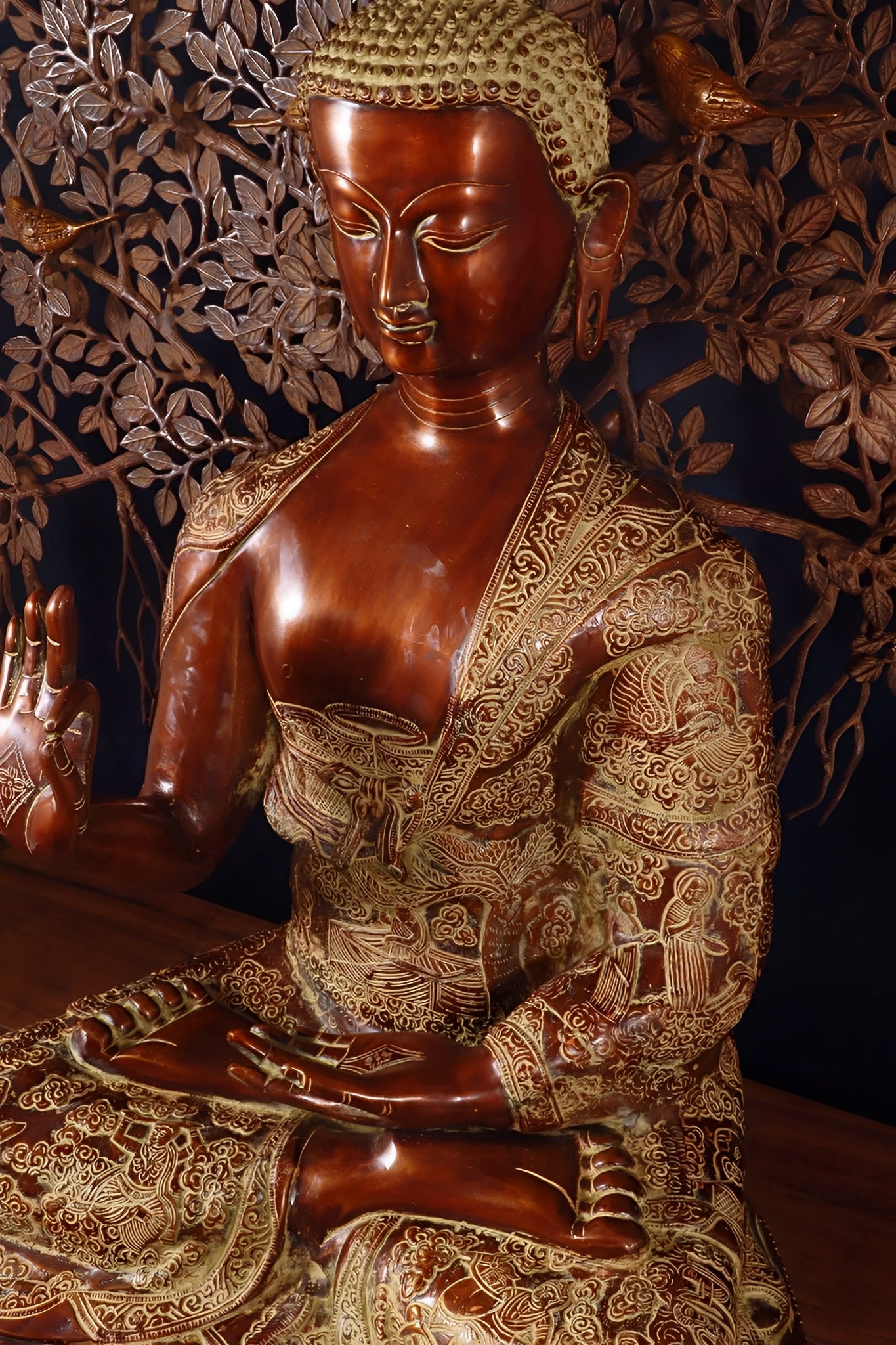 Brass Blessing Buddha Tree Statue Weight 67 kg & Height 43.5 Inch