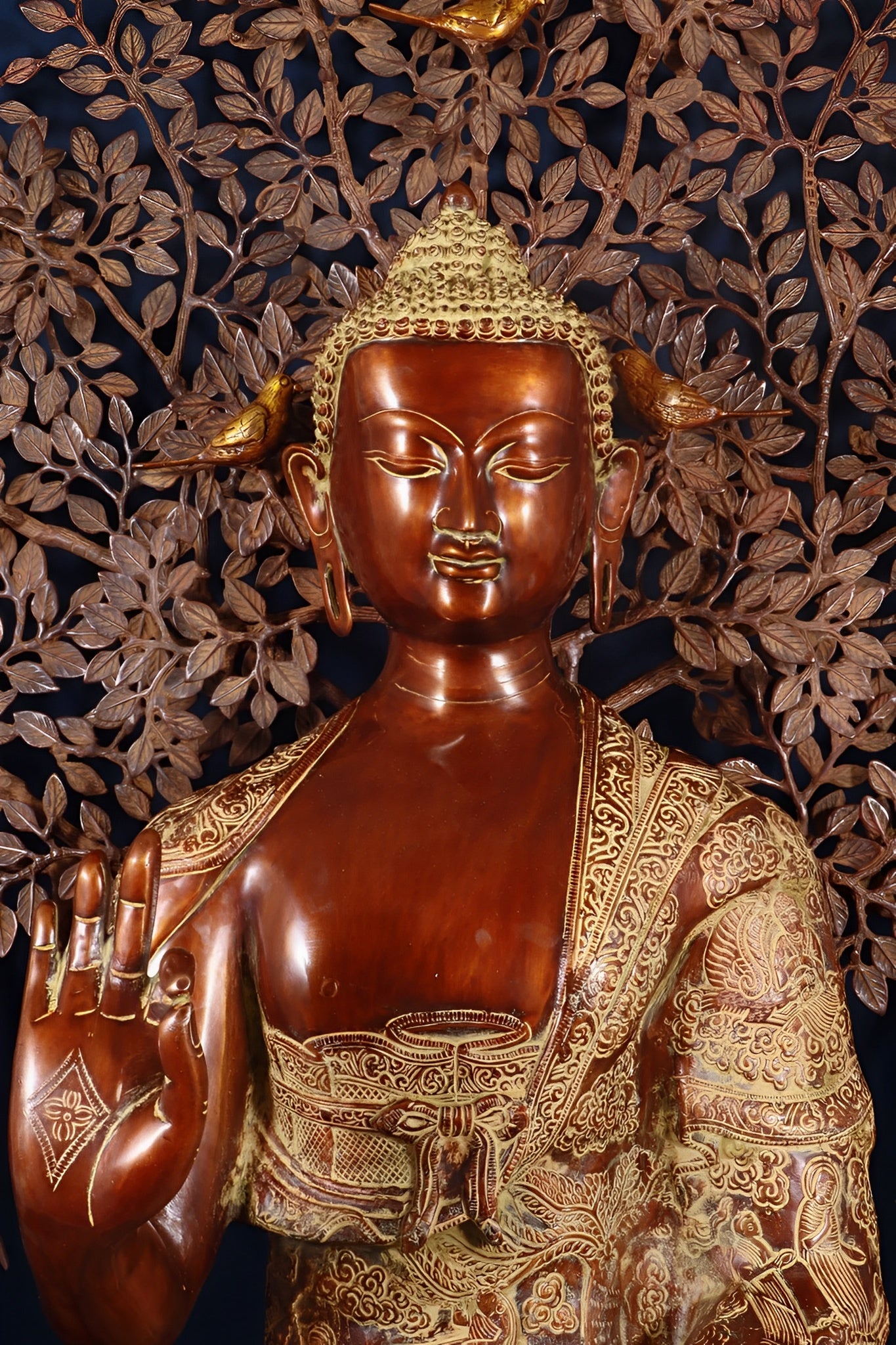 Brass Blessing Buddha Tree Statue Weight 67 kg & Height 43.5 Inch