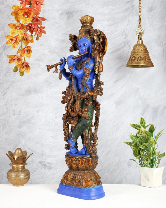 Brassaura® Lord Krishna Statue | Celestial Blue Artistic Finish | Handcrafted Decorative Krishna Murti for Home, Temple & Living Room Décor | 30 Inches | 18 Kg