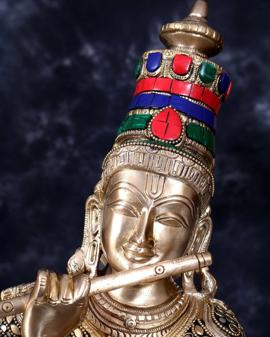 Brassaura® Krishna Standing Flute Playing Idol with Golden Finish with Natural Semi-Precious Stonework | Pure Superfine Brass Handcrafted Murti | Brass Statue for Home Temple, Pooja Room | Height 23 Inches | Weight 10 Kgs