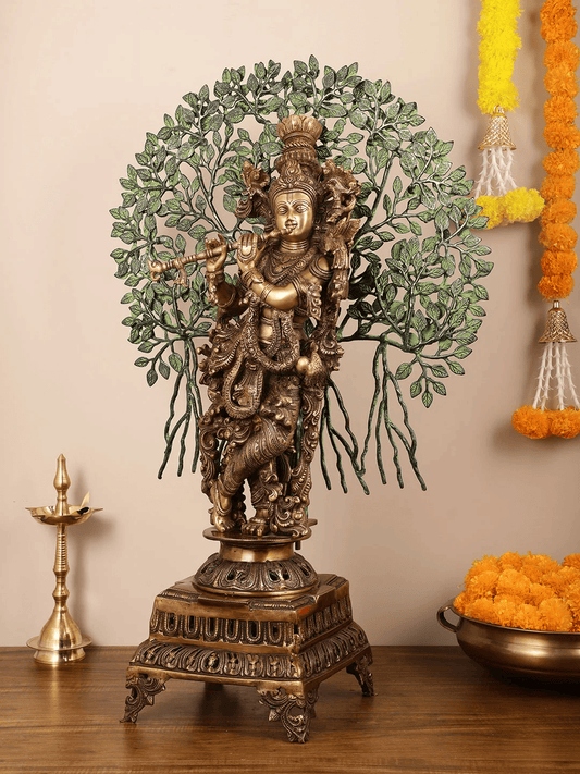 Brassaura™ Krishna Muralidhari Brass Idol | Antique Gold Finish with Green Leaves | Height 35 Inches & Weight 31 Kgs