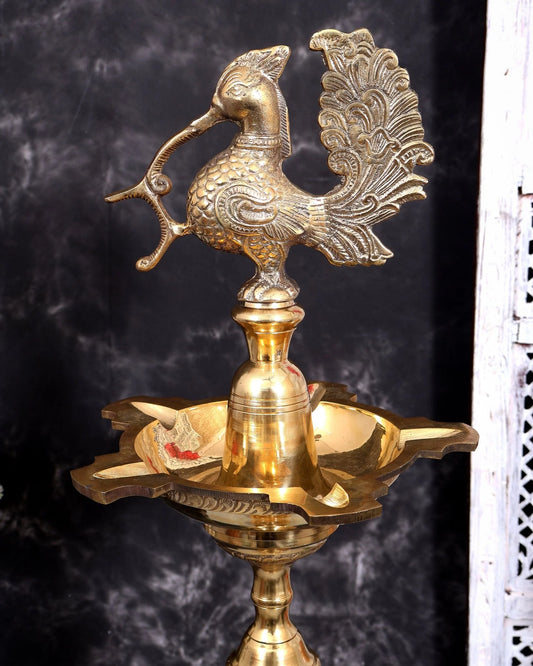 Brassaura® Peacock Samai Inauguration Lamp Pair with Natural Brass Finish | Pure Superfine Brass Handcrafted Murti | Brass Statue for Home Temple, Pooja Room | Height 51 Inches | Weight 25 Kgs