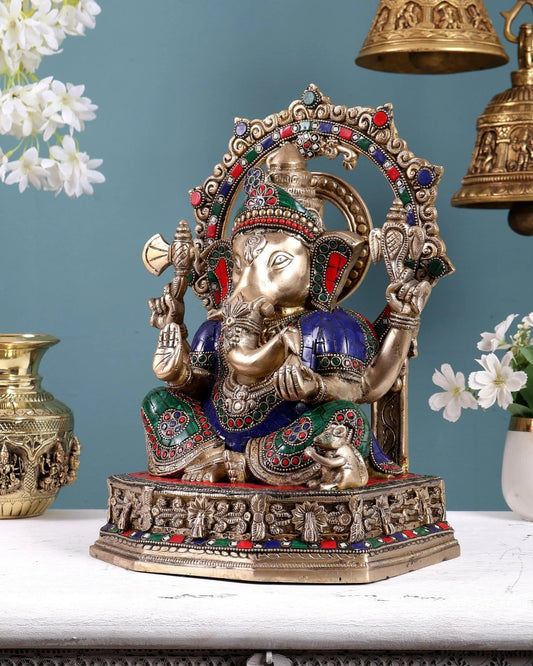 Brassaura® Brass Ganesha Statue with Decorative Frame | Height 13 Inches