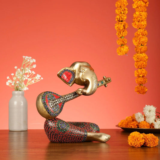 ब्रासौरा® शुद्ध पीतल भगवान गणेश वीणा प्रतिमा | हस्तनिर्मित संगीतमय शोपीस | ऊँचाई 9.5 इंच