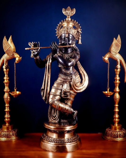 Brassaura® Large Lord Krishna Brass Idol | Black & Golden Finish | Pure Solid Brass Handcrafted Krishna Murti for Home Temple, Spiritual Décor & Gifting | Height 36 Inches | Weight 22 Kg