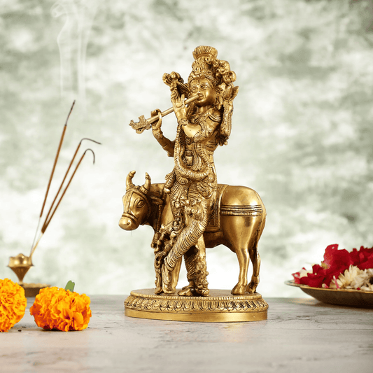 Brassaura™ Lord Krishna with Cow | Pure Brass Idol | Height 9.5 Inches & Weight 3 Kgs