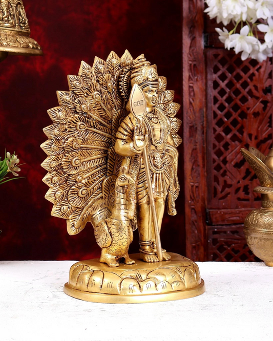ब्रासोरा® वृंदावन वेणुगोपाल कृष्ण पीतल की प्रतिमा मोर के साथ | एंटीक नीला और सुनहरा रंग | ऊँचाई 20 इंच