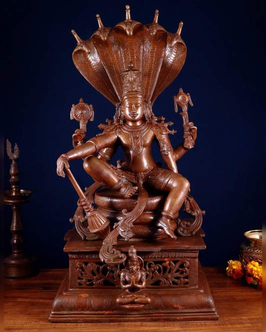 Brassaura™ Magnificent Brass Lord Vishnu Statue Seated on Engraved Pedestal with Sheshanaag and Hanuman | 29 Inch Height | 35 KG Weight | Chola Bronze Finish