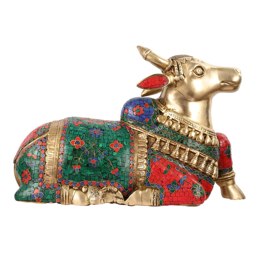 Brassaura™ Brass Nandi Idol with Stonework – Height 13.5 Inches & Weight 20 Kgs | Traditional Temple Decor