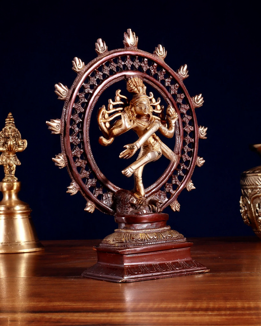 Brassaura® Brass Lord Shiva Nataraja Statue with Netted Ring | Dual Tone Handcrafted Idol | Height 9.3 Inches
