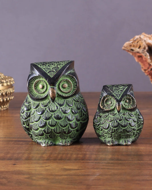 Brass Owl Showpieces (Pair) – Height 3.5 in & 2.5 in, Total Weight 900 g – Black & Green Tone