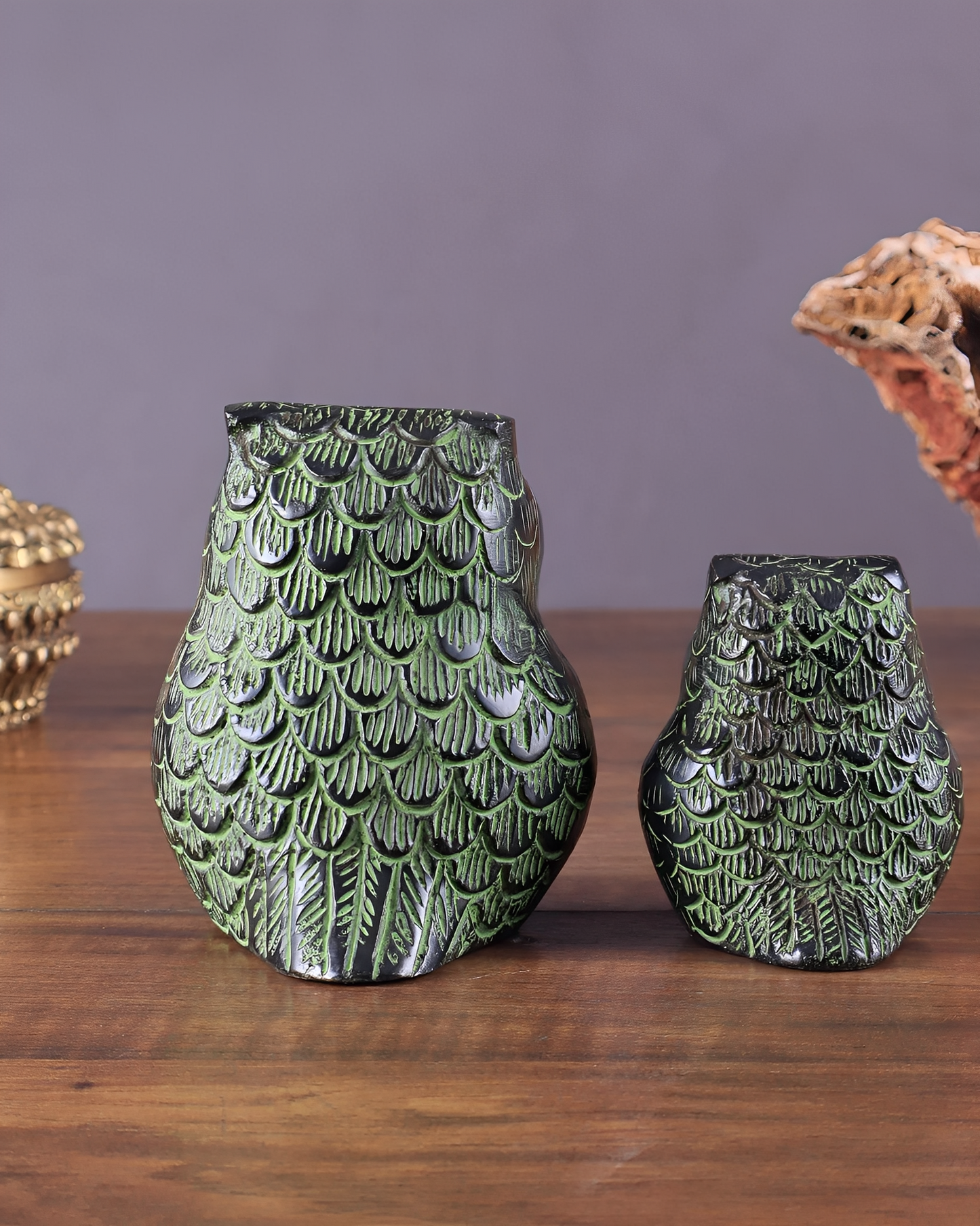 Brass Owl Showpieces (Pair) – Height 3.5 in & 2.5 in, Total Weight 900 g – Black & Green Tone