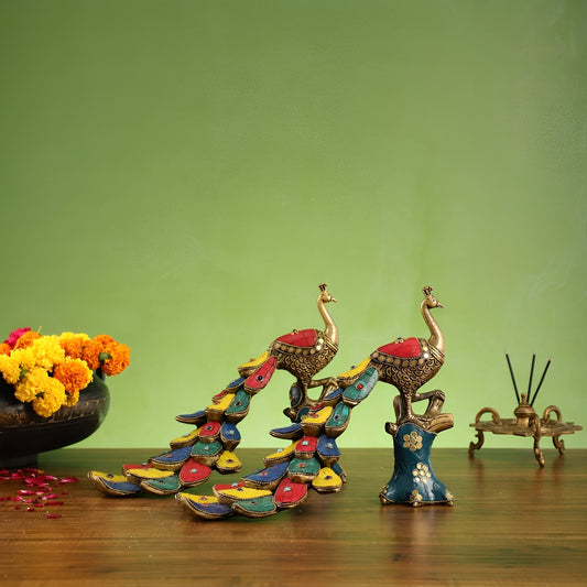 Brassaura™ Brass Peacock Table Accent Pair with Meenakari Stonework – Height 8.5 Inches Each & Total Weight 5 Kgs