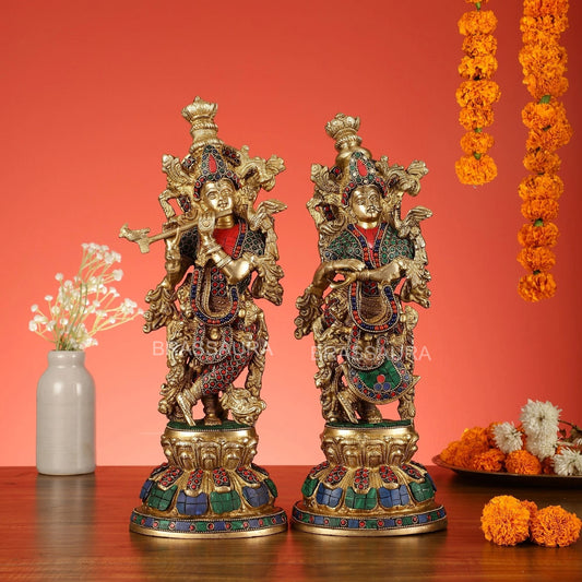 Brassaura™ Brass Radha Krishna Idol Pair with Multicolored Meenakari – Height 15 Inches & Weight 10 Kgs | Elegant Devotional Statue