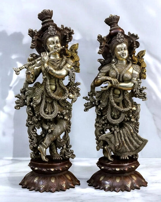 Brassaura™ Pure Brass Radha Krishna Idol Pair on Lotus Base – Height 27 Inches & Weight 39 Kgs | Dual Tone Brown & Gold Finish