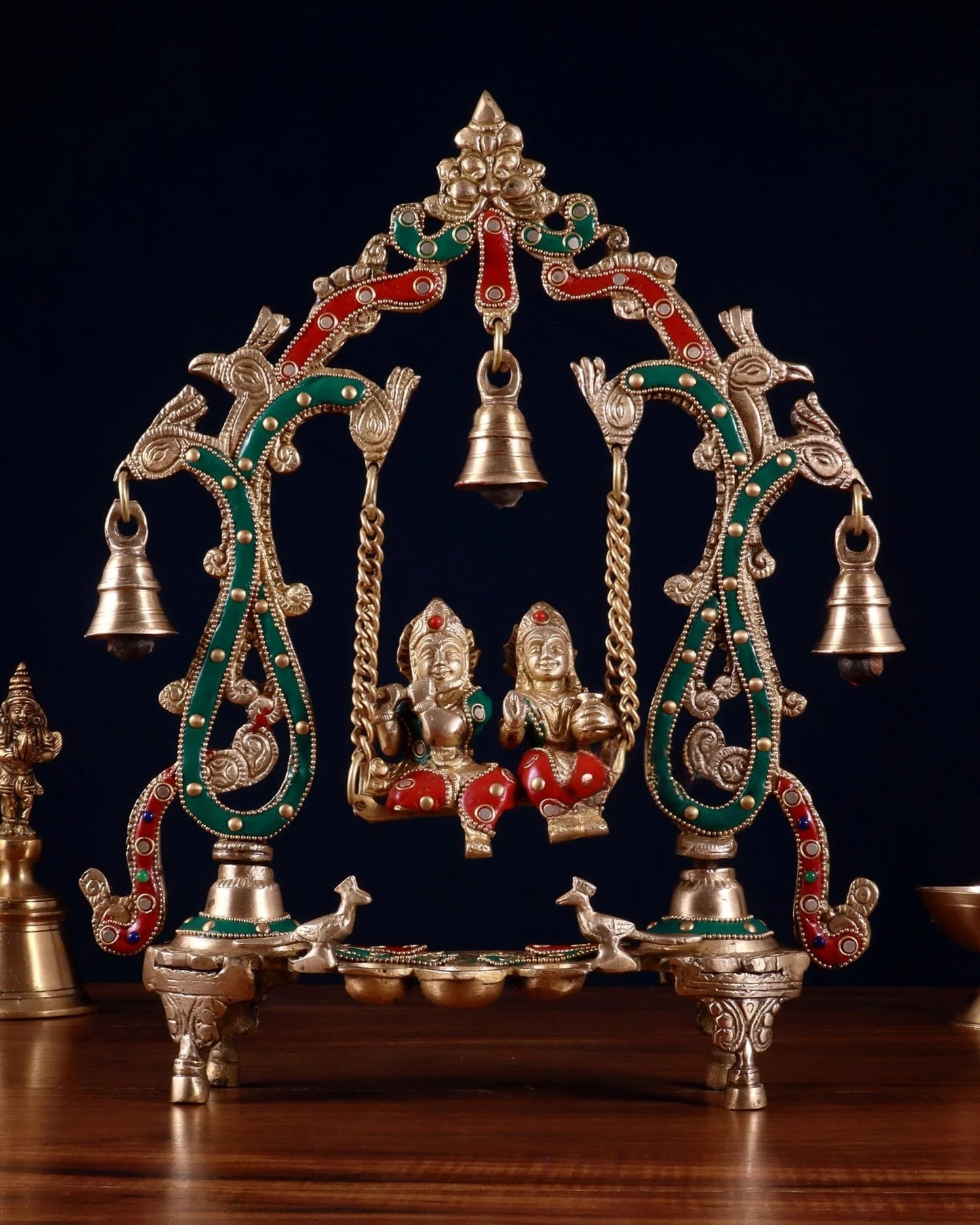 Brassaura™ Brass Radha Krishna Swing Idol with Diyas, Peacocks & Bells – Height 13.5 Inches & Weight 2.4 Kgs | Elegant Devotional Statue