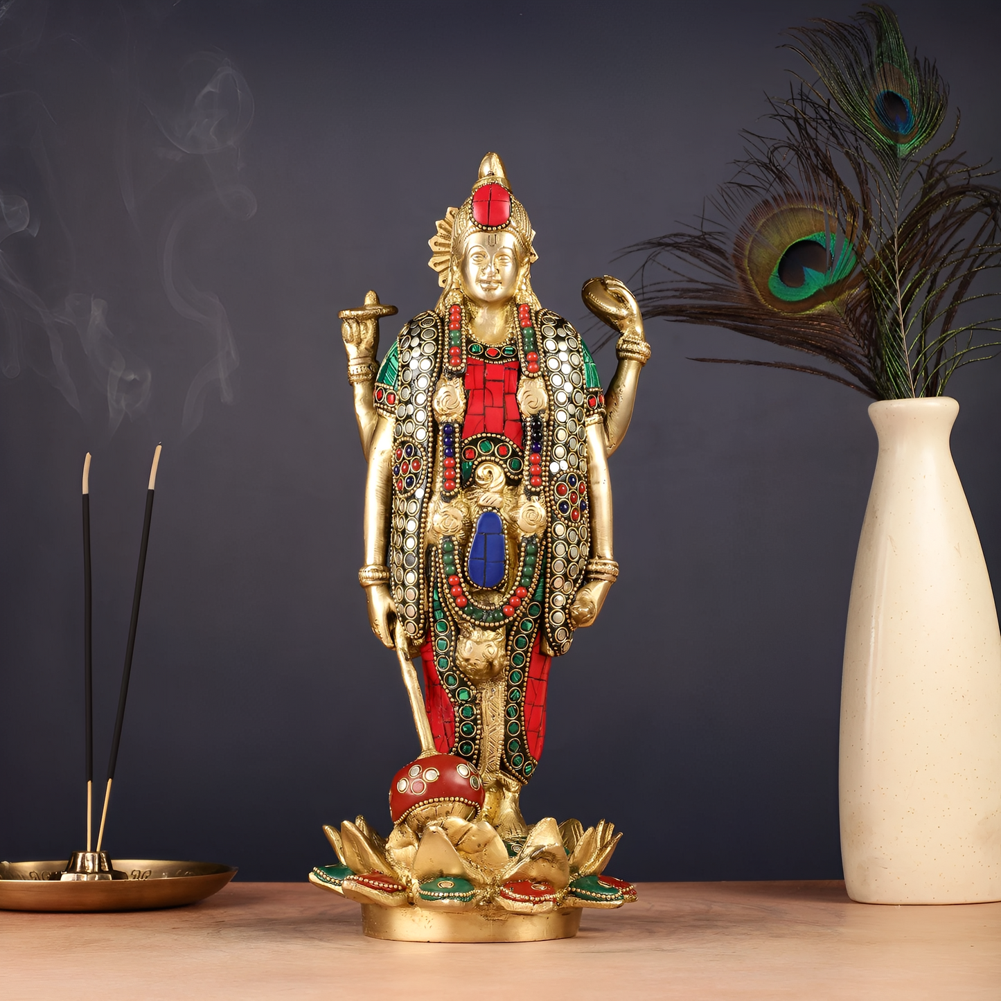 Brassaura™ Handcrafted Pure Brass Lord Vishnu Satya Narayan Idol with Intricate Stonework | 12 Inch Height | 4 KG Weight | Beautifully Adorned