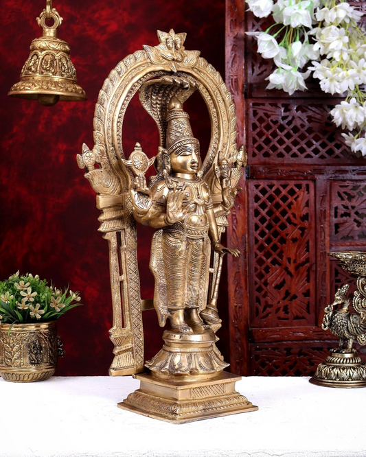 Brassaura® Brass Standing Lord Vishnu with Sheshnag Prabhavali Idol | Handcrafted Golden Butter Finish Vishnu Murti for Home Temple & Spiritual Décor | Height 20 Inches | Weight 9 Kgs