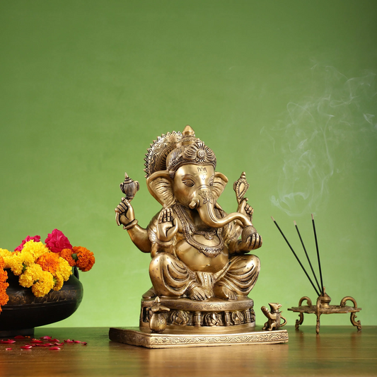 ब्रस्सौड़ा® पीतल भगवान गणेश प्रतिमा अष्टविनायक आधार के साथ | हस्तनिर्मित उत्कृष्ट पीतल की मूर्ति | ऊंचाई 13 इंच