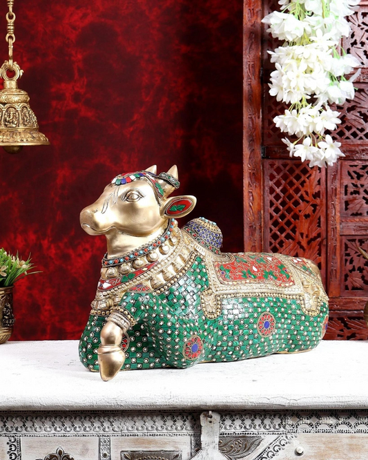 ब्रासोरा® वृंदावन वेणुगोपाल कृष्ण पीतल की प्रतिमा मोर के साथ | एंटीक नीला और सुनहरा रंग | ऊँचाई 20 इंच