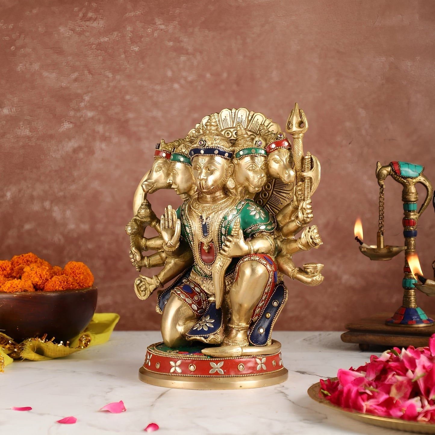 Brassaura™ Brass Panchmukhi Hanuman Idol – Height 11 Inches & Weight 6.6 Kgs | Handcrafted with Natural Stones