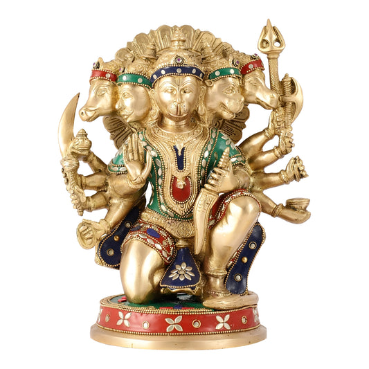 Brassaura™ Brass Panchmukhi Hanuman Idol – Height 11 Inches & Weight 6.6 Kgs | Handcrafted with Natural Stones