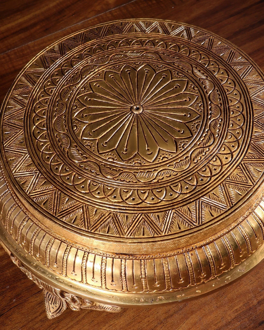 Brassaura® Round Brass Chowki with Intricate Mandala Design | Handcrafted Superfine Brass Furniture | Brass Stool for Home Temple, Pooja Room | Height 4.5 Inches | Weight 3.8 Kgs