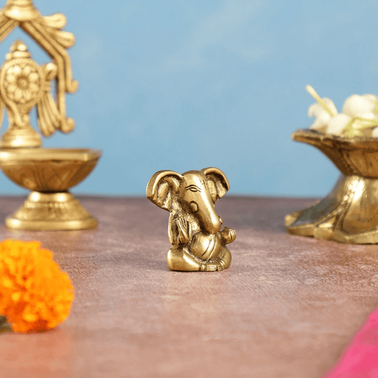 Brassaura™ Brass Tiny Ganesha Idol with Unique Big Ears | Height 2 Inches & Weight 100 Grams