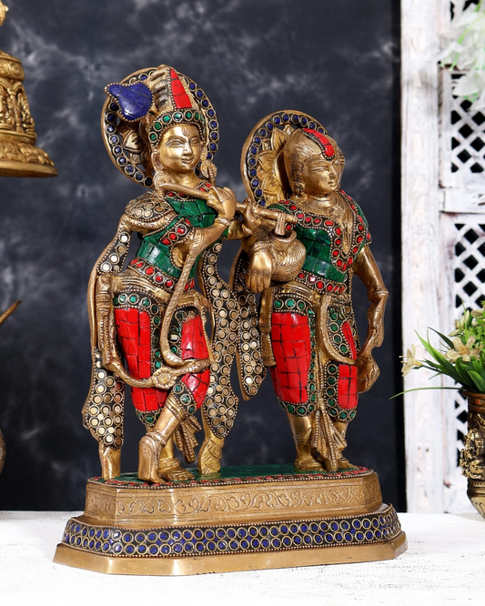 Brassaura® Radha Krishna Standing Flute Playing Idol with Meenakari Stonework Finish | Pure Superfine Brass Handcrafted Murti | Brass Statue for Home Temple, Pooja Room | Height 11.8 Inches | Weight 4.98 Kgs