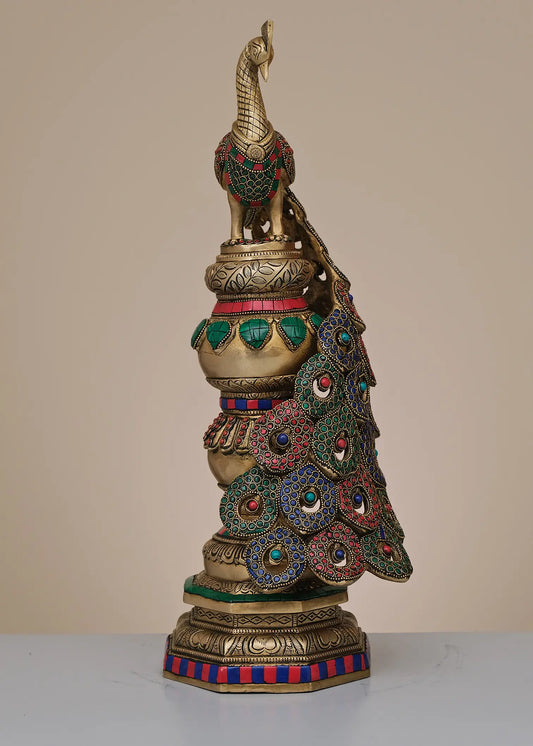 Brassaura® Decorative Brass Peacock on Pillar with Inlay Work | Pure Brass | Height 20 Inches & Weight 8.34 kgs