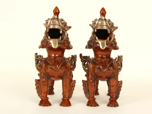 Brassaura® Pair of Tibetan Snow Lion Brass Sculptures | Pure Brass | Height 7 Inches & Weight 3.40 kgs