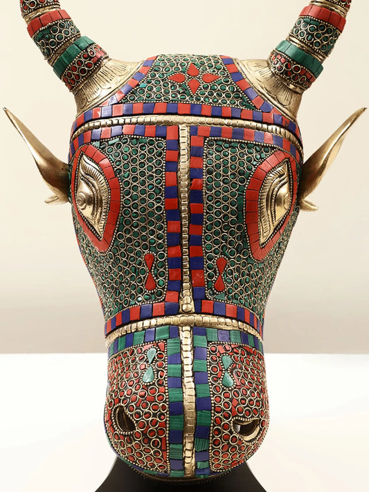 Brassaura® Decorative Brass Bull Head Wall Hanging with Inlay Work | Brass | Height 18 Inches & Weight 7.70 kgs