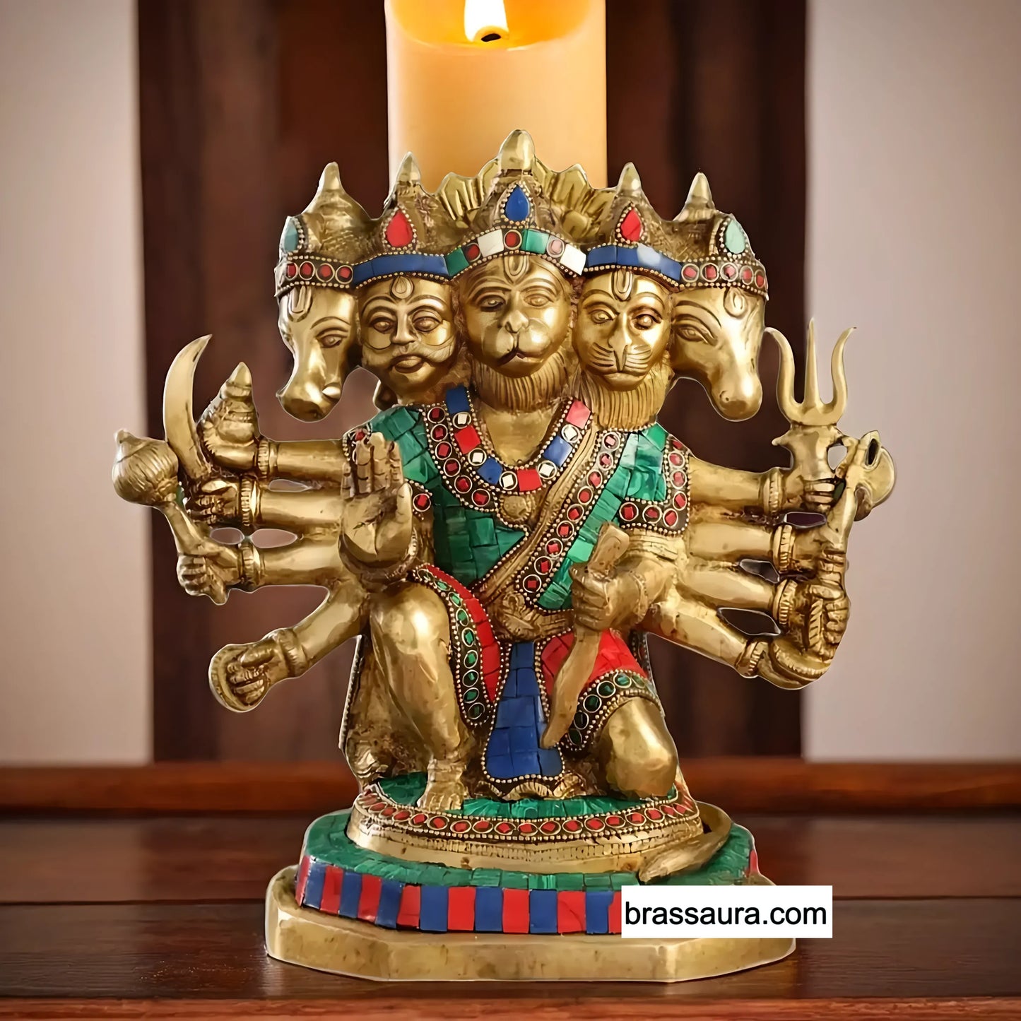 Brassaura™ Brass Panchmukhi Hanuman Idol – Height 11.5 Inches & Weight 6 Kgs | Handcrafted with Stonework