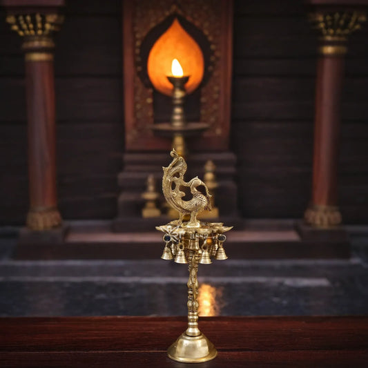 Brass Diya Peacock Oil Lamp With Hanging Bell Weight 2.8 Kg And Height 16.5 Inch