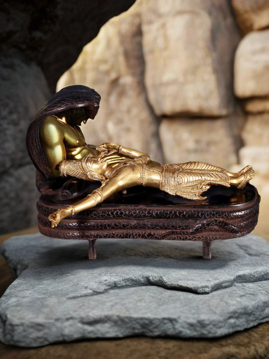 Brassaura™ Handcrafted Pure Brass Vishnu in Yog Nidra on Ananta Shesha Statue | 6 Inch Height | 3.2 KG Weight | Antique Brass Polish Finish