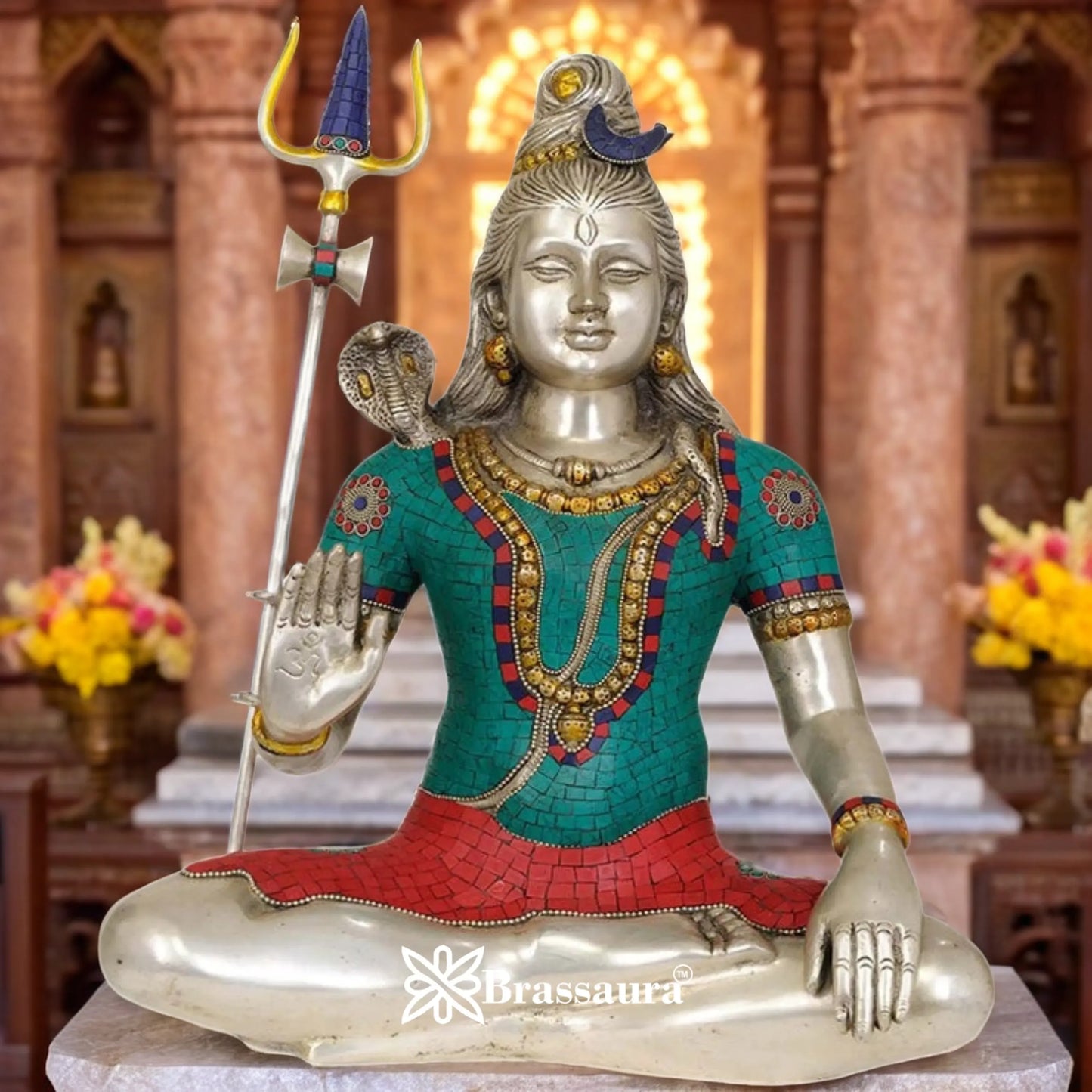 Brassaura™ Lord Shiva Gemstone Work Brass Sculpture – Height 20 Inches & Weight 12 Kgs| Devotional Ambiance