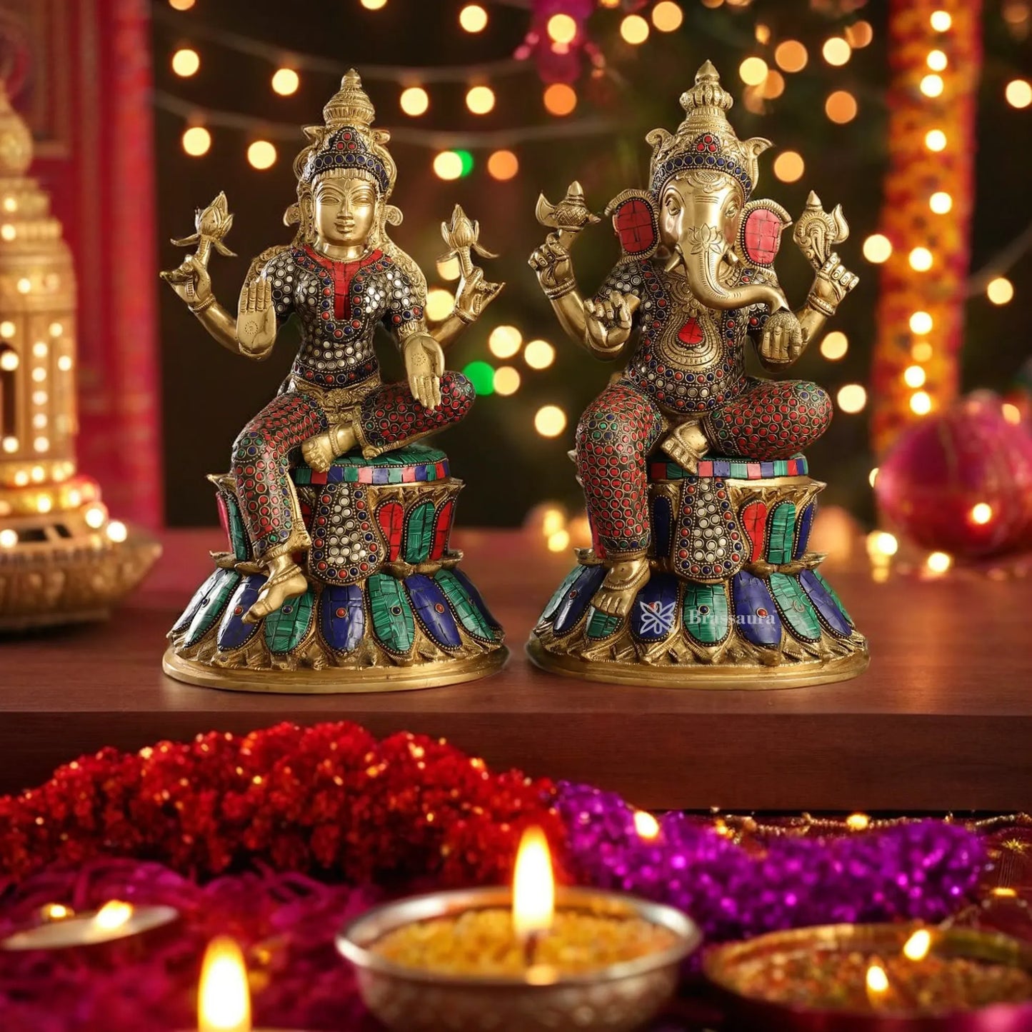 Brass Gem Stone Work Lakshmi Ganesh Weight 17 Kg & Height 15 Inch