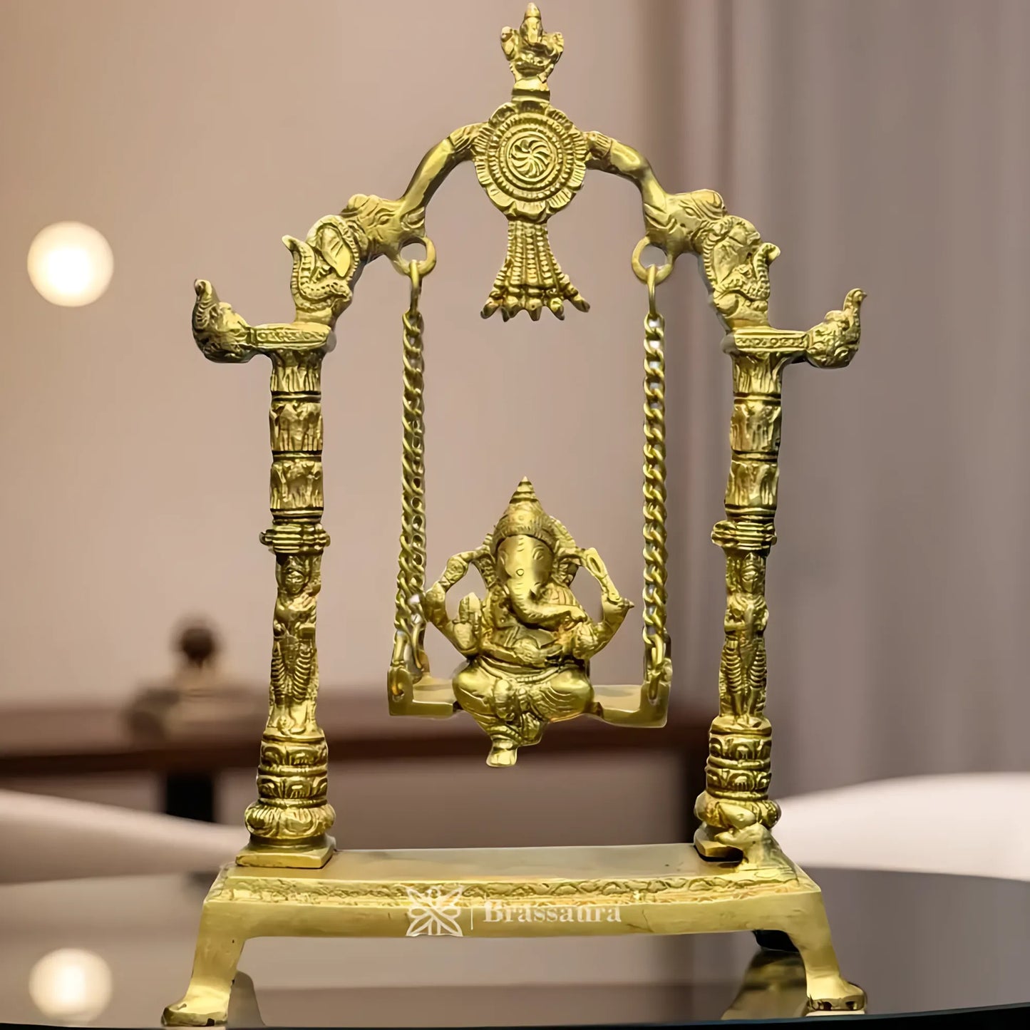 Brassaura™ Brass Ganesha Jhula Murti – Height 15.7 inches & Weight 2.5 kgs | Large Ganpati Statue for Pooja & Home Décor