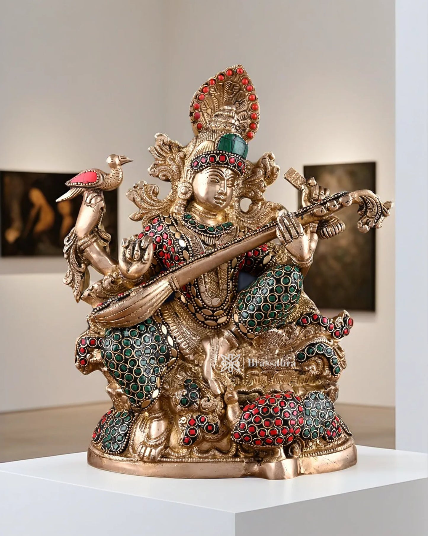 Brass Gem Stone Work Saraswati for Home and Decor Height 11 Inches & Weight 6.5 Kgs