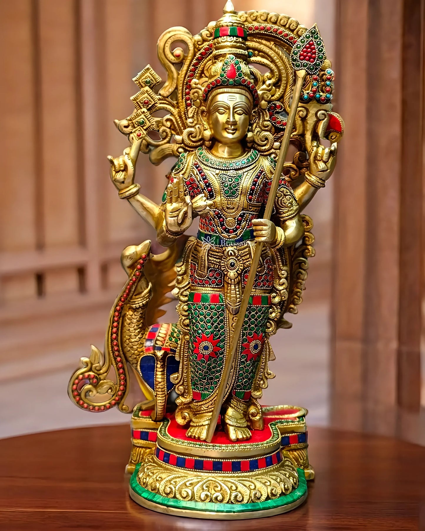 Brassaura™ Handcrafted Lord Murugan Statue in Superfine Brass – 20 Inches Height, 14 Kgs – With Peacock & Cobra
