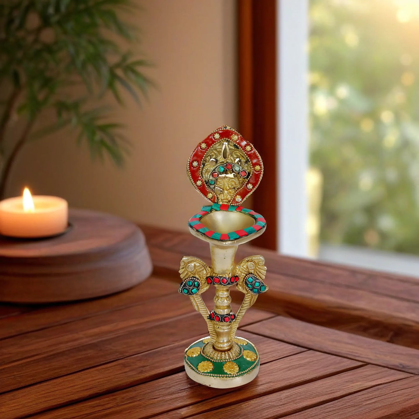 Brass Gem Stone Work Diya Weight 1 Kg Height 10.6 inches