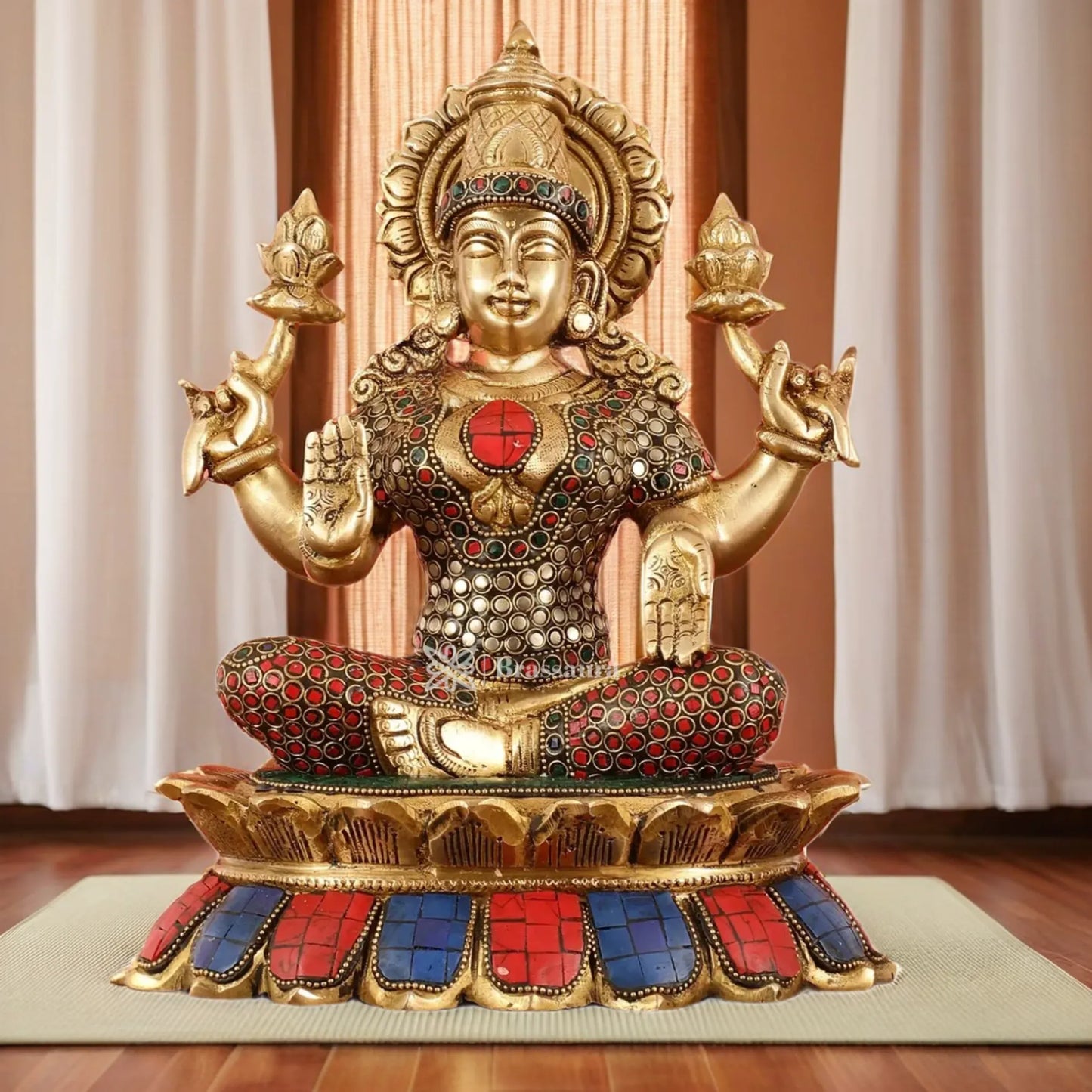 Brass Gem Stone Work Laxmi Mata for Home and Decor Height 11 Inches & Weight 7 Kgs